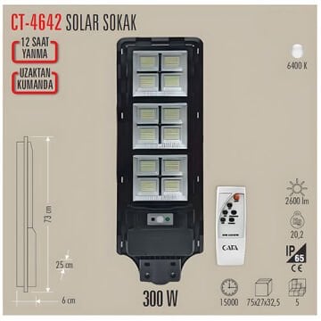 CATA CT 4642 300W Güneş Enerjili Solar Sokak Armatürü 6400K Beyaz Işık