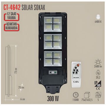 Cata CT-4642 300W Güneş Enerjili Solar Sokak Armatürü 6400K Beyaz Işık