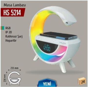 Helios Opto HS5214 RGB  Kablosuz şarj + Bluetooth hoparlör + FM Radyo  Özellikli Masa Lambası